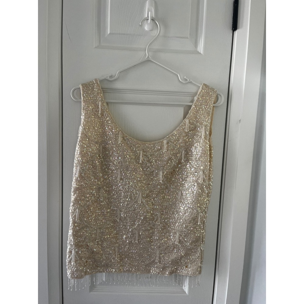 Vintage Wool Sequin Beaded Fringe Shell Top Cream Iridescent Small‎ Flapper